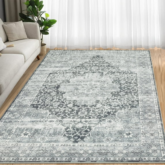 Hasoo 5' x 7' Area Rug for Living Room Boho Vintage Rug Non Slip Throw Rugs Floral Bedroom Rug, Gray