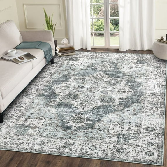 Hasoo 5' x 7' Area Rug for Living Room Boho Vintage Rug Non Slip Throw Rugs Floral Bedroom Rug, Gray
