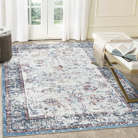 Hasoo 5' x 7' Area Rug for Living Room Boho Vintage Rug Non Slip Throw Rugs Floral Bedroom Rug, Red Blue