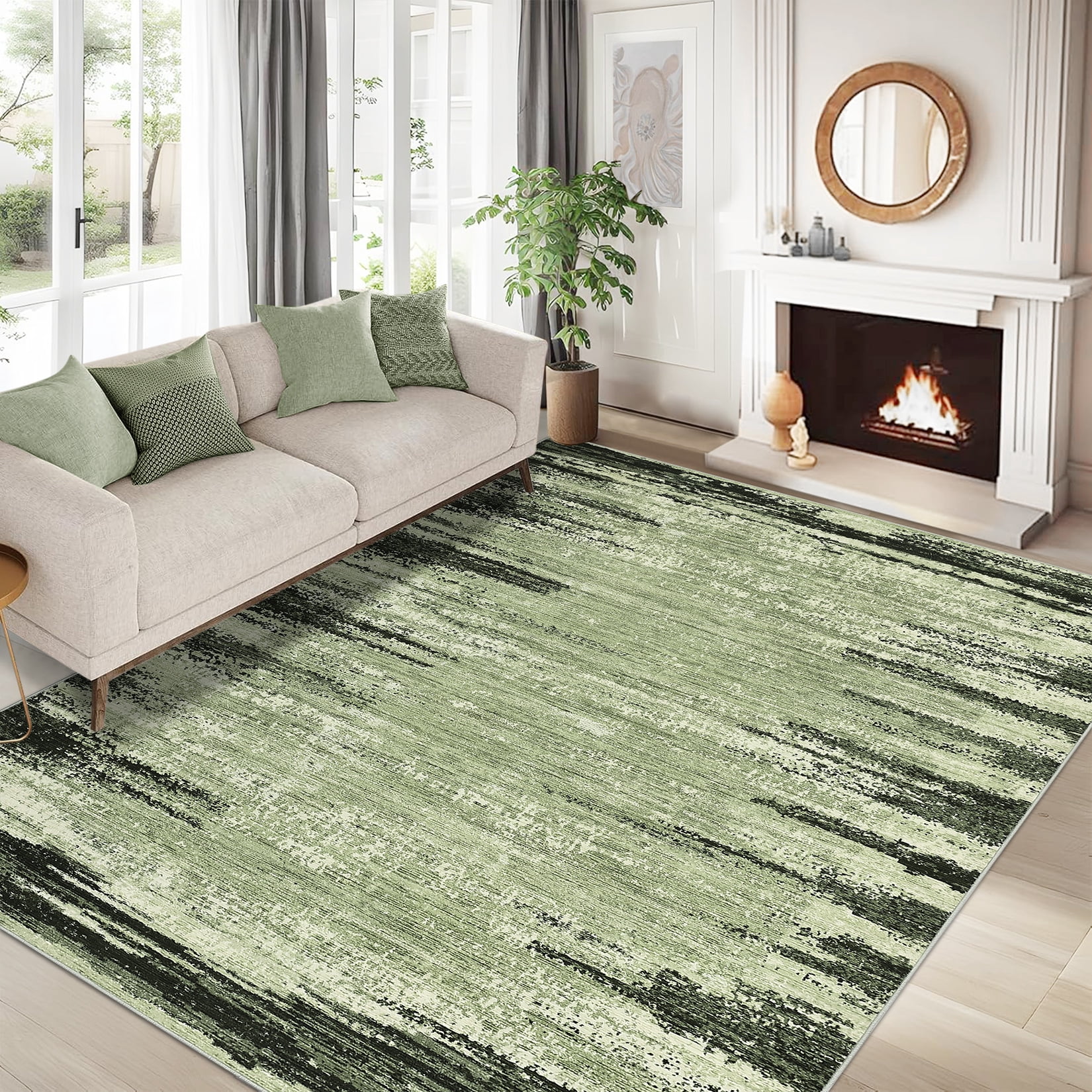 Hasoo 5' x 7' Area Rug for Living Room Border Modern Rug Non Slip Abstract Bedroom Carpet, Green