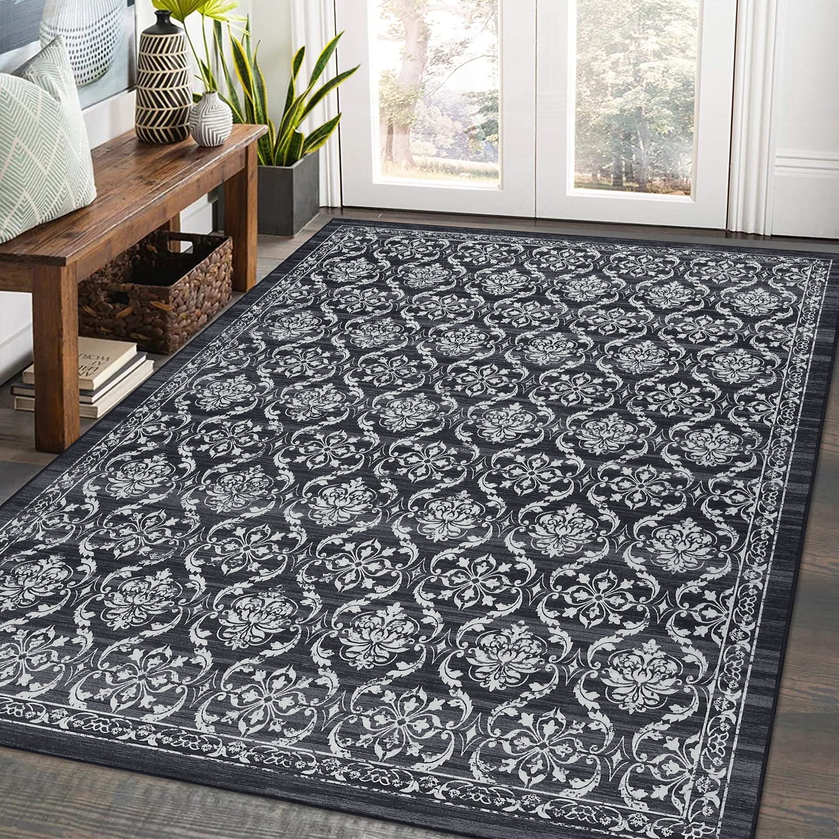 Hasoo 5' x 7' Area Rug for Living Room Modern Floral Thin Carpet Non-Slip Rug Foldable Indoor Rug for Bedroom Kitchen Black/Gray