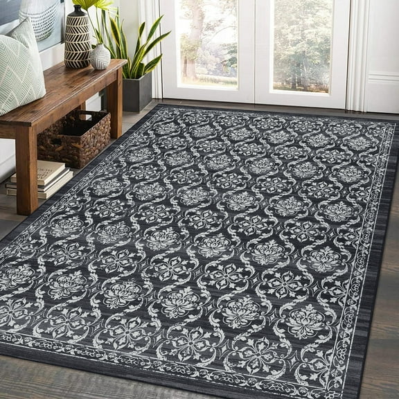 Hasoo 5' x 7' Area Rug for Living Room Modern Floral Thin Carpet Non-Slip Rug Foldable Indoor Rug for Bedroom Kitchen Black/Gray