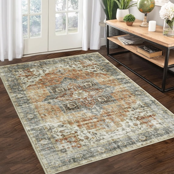 Hasoo 5' x 7' Area Rug for Living Room Oriental Area Rug Medallion Indoor Area Rug Washable Boho Carpet for Living Room Bedroom, Yellow