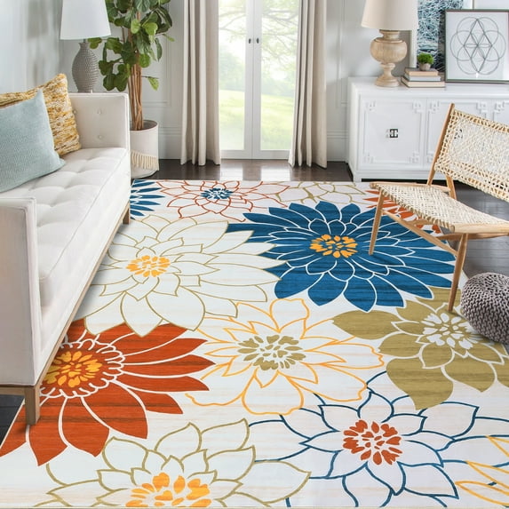 Hasoo 5' x 7' Area Rug for Living Room Vintage Floral Thin Carpet Traditional Non-Slip Rug Foldable Indoor Rug for Bedroom Kitchen Beige