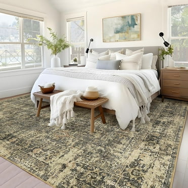 Hasoo 5' x 7' Area Rug for Living Room Vintage Rug Non Slip Floral Bedroom Rug, Green