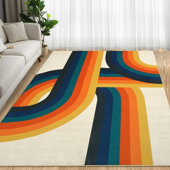 Hasoo 5' x 7' Area Rug for Living Room Vintage Rug Non Slip Throw Rugs Simple Abstract Geometric Indoor Carpet, Blue Orange