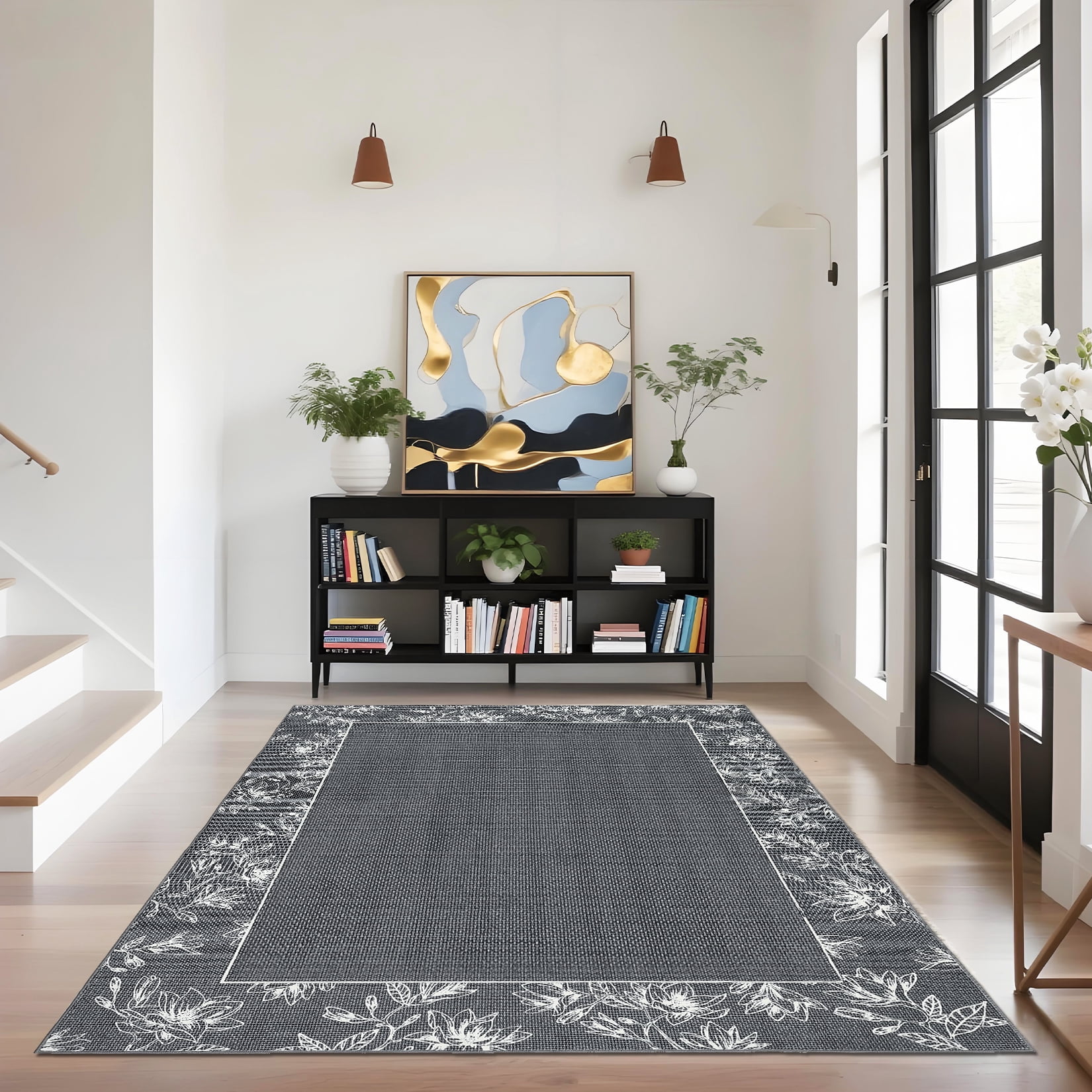 Hasoo 5' x 7' Area Rugs for Living Room Washable Vintage Floral Print Bedroom Indoor Modern Geometric Bordered Rug Soft Non Slip Carpet for Dining Room Apartment Office, Gray