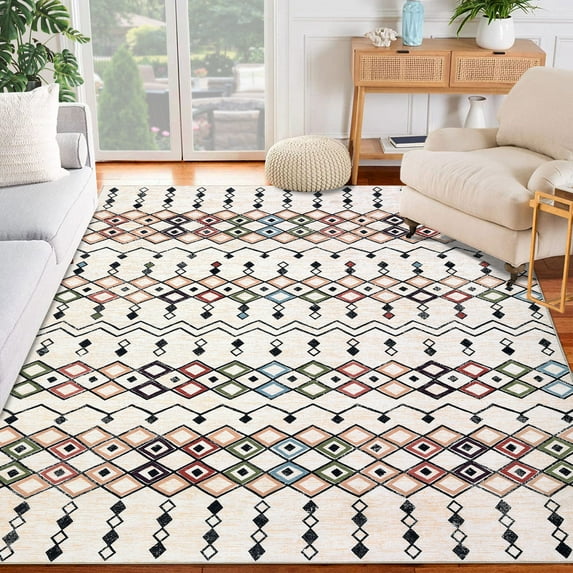 Hasoo 5' x 7' Boho Washable Vintage Rug for Living Room Low Pile Non-Slip Indoor Beige Carpet