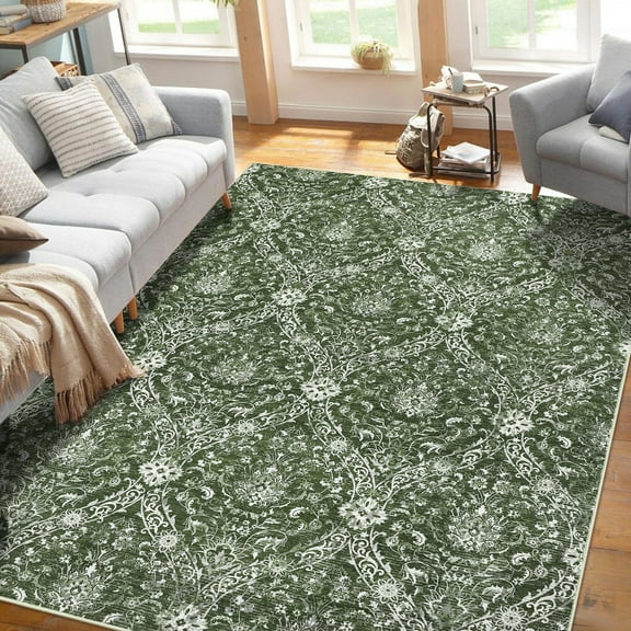 Hasoo 5' x 7' Damask Area Rug for Living Room Boho Vintage Rug Non Slip Throw Rugs Floral Bedroom Rug, Green