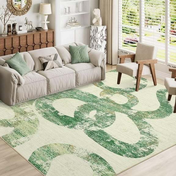 Hasoo 5' x 7' Modern Washable Indoor Rug for Living Room Soft Abstract Geometric Line Area Rug Non Slip Stain Resistant Green Carpet