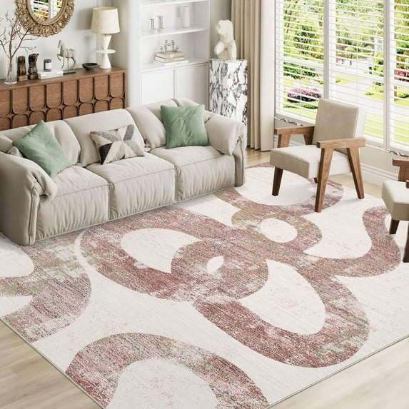 Hasoo 5' x 7' Modern Washable Indoor Rug for Living Room Soft Abstract Geometric Line Area Rug Non Slip Stain Resistant Pink Carpet