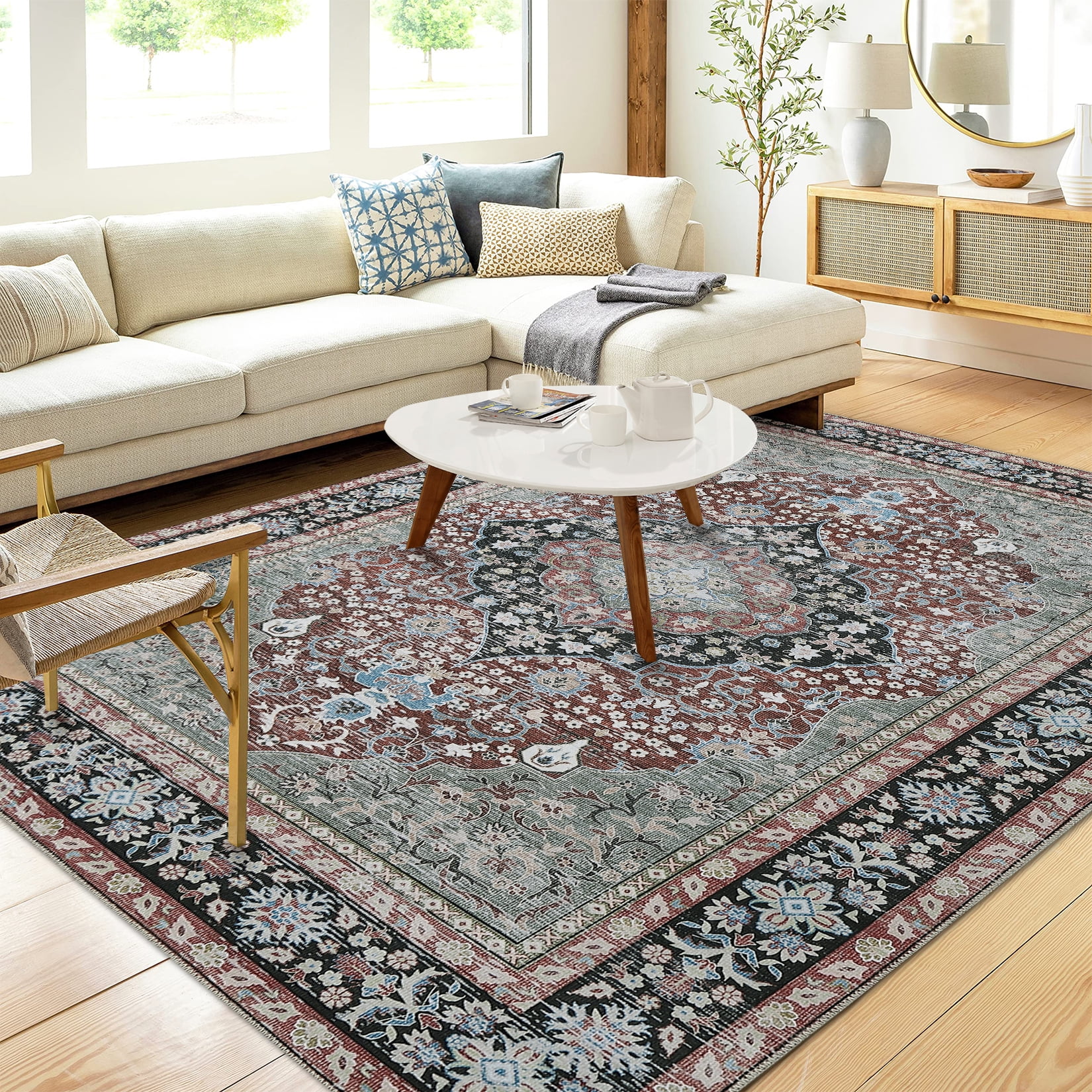 Hasoo 5' x 7' Vintage Area Rug Persian Print Distressed Indoor
