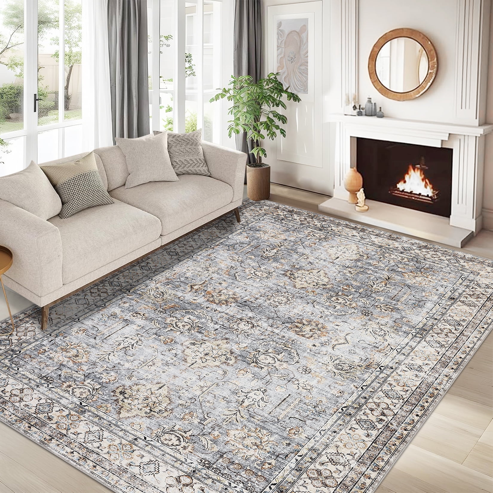 Hasoo 5' x 7' Vintage Indoor Rug for Living Room Soft Floral Area Rug Non Slip Stain Resistant Blue Carpet