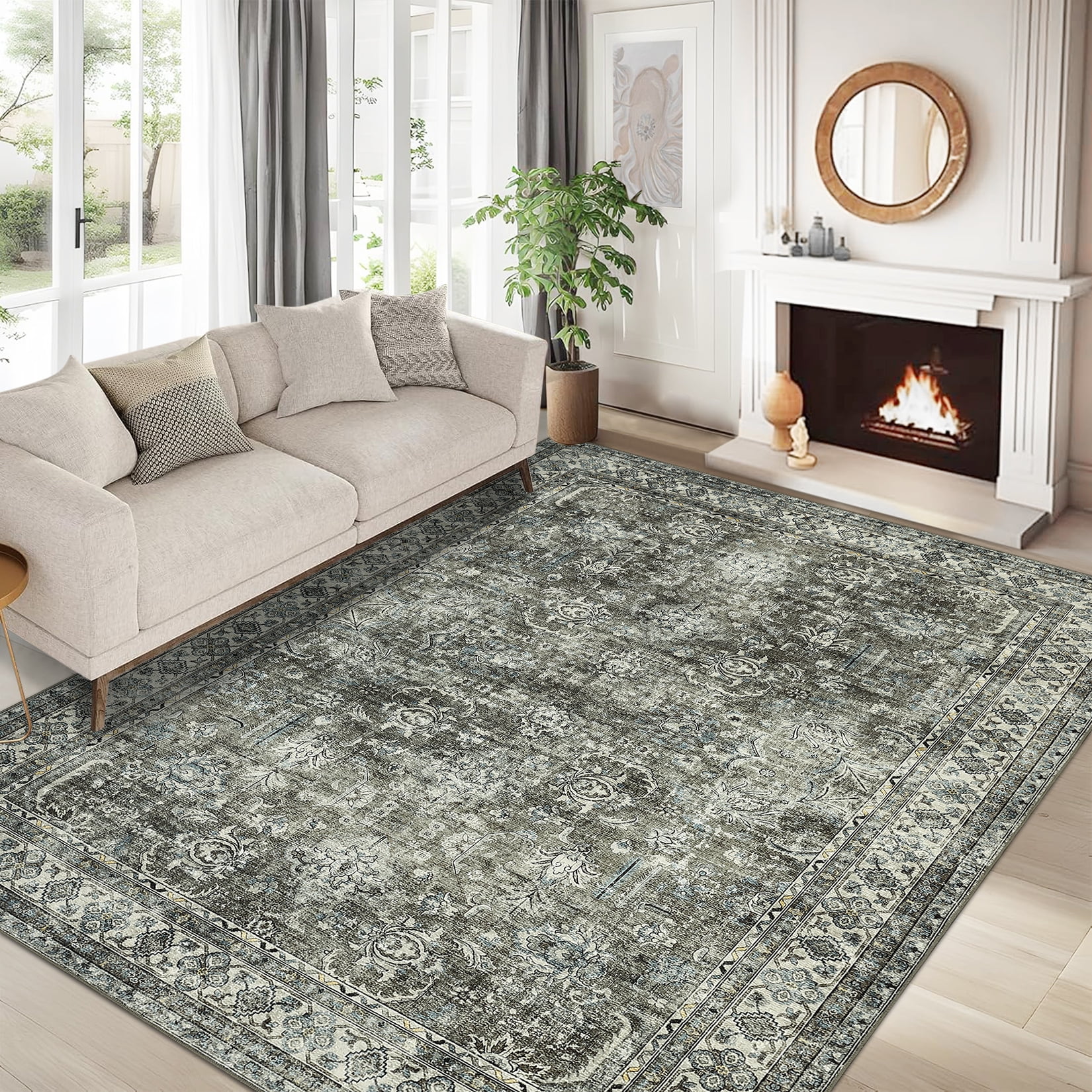 Hasoo 5' x 7' Vintage Indoor Rug for Living Room Soft Floral Area Rug Non Slip Stain Resistant Green Carpet