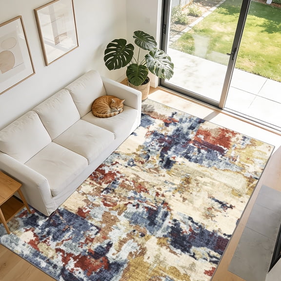 Hasoo 5' x 7' Washable Indoor Non-Slip Bedroom Carpet Modern Abstract Area Rug for Living Room, Red/Blue/Brown