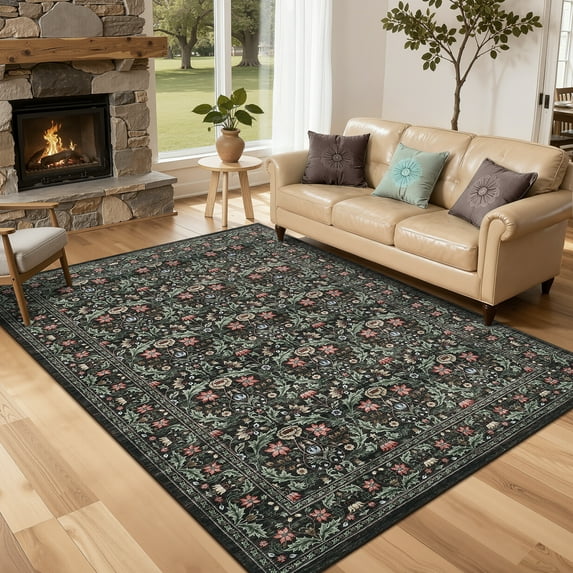 Hasoo 5' x 7' Washable Indoor Non-Slip Bedroom Carpet Vintage Floral Area Rug for Living Room, Brown