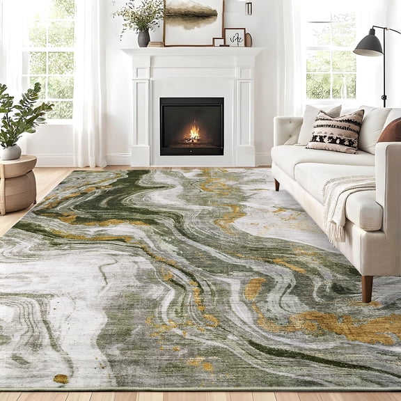 Hasoo 5' x 7' Washable Rugs for Living Room Abstract Rug Low-Pile Non Slip Easy Cleaning Neutral Modern Carpet, Blue
