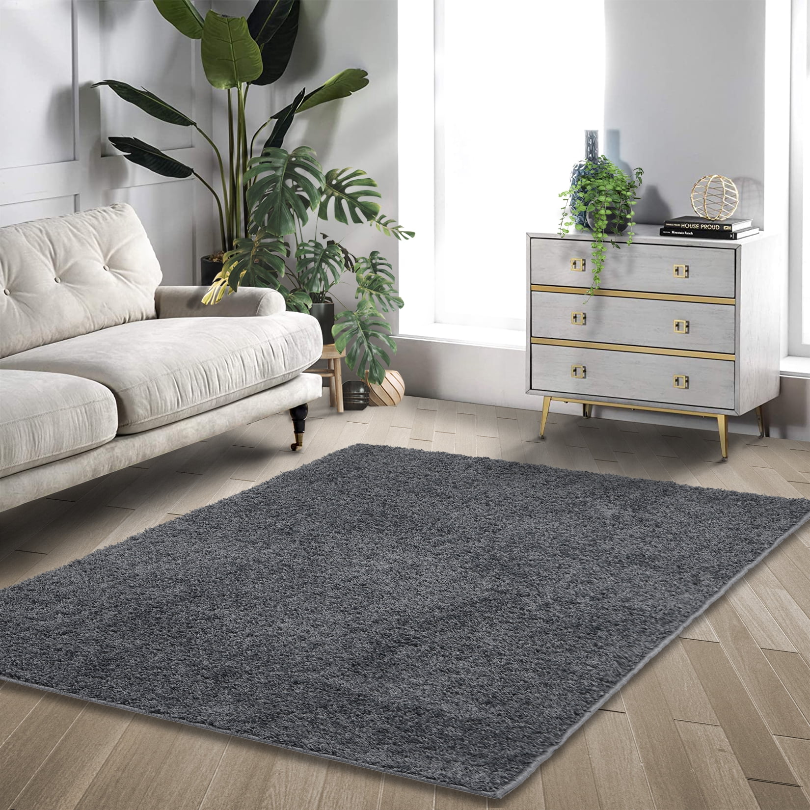 Hasoo 5' x 8' Area Rugs for Living Room, Indoor Shaggy Plush Non-Slip Bedroom Rugs, Dark Gray ...