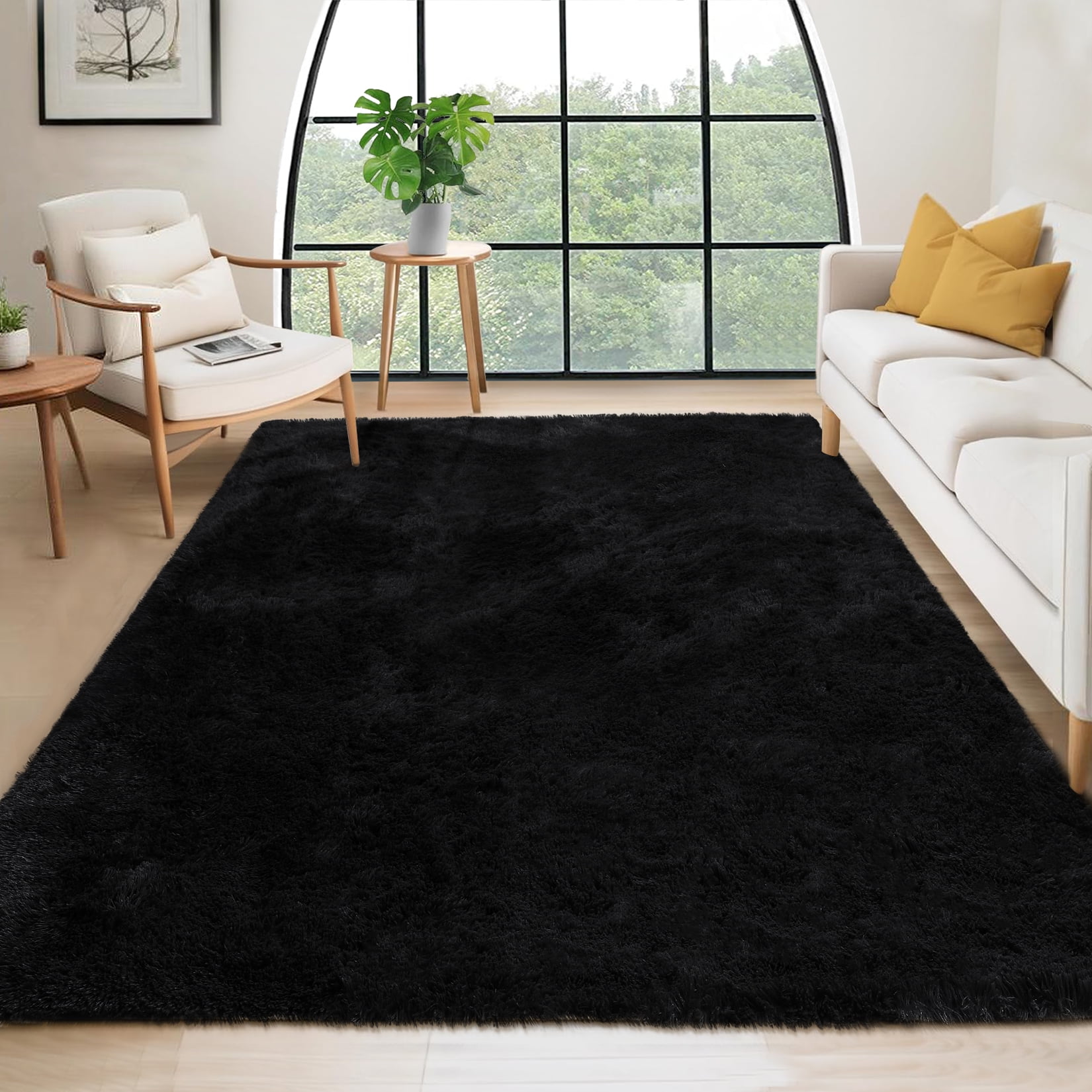 Hasoo 5' x 8' Fluffy Shaggy Soft Area Rug for Living Room Dorm Home Decor Aesthetic, Black