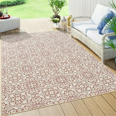 Hasoo 5' x 8' Rug for Living Room Modern Floral Ultra-Thin Outdoor Rug for Patio, Red