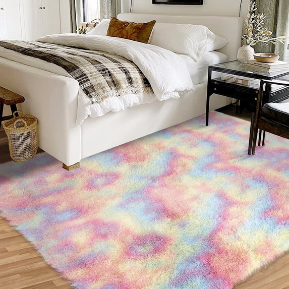 Hasoo 5' x 8' Soft Rainbow Area Rug, Fluffy Girls Bedroom Princess Rug Cute Colorful Carpet for Kids Teens Nursery Toddler, Yellow
