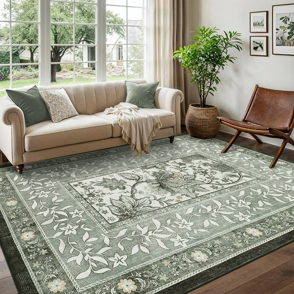 Hasoo 5x7 Washable Gray Green Area Rug for Living Room Floral Soft Indoor Bedroom Carpet Non Slip Low Pile