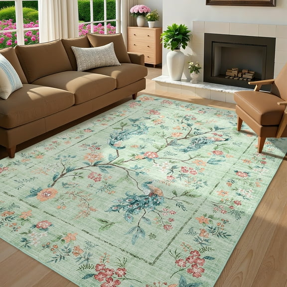Hasoo 5x7 Washable Green Area Rug for Living Room Floral Peacock Soft Indoor Bedroom Carpet Non Slip Low Pile