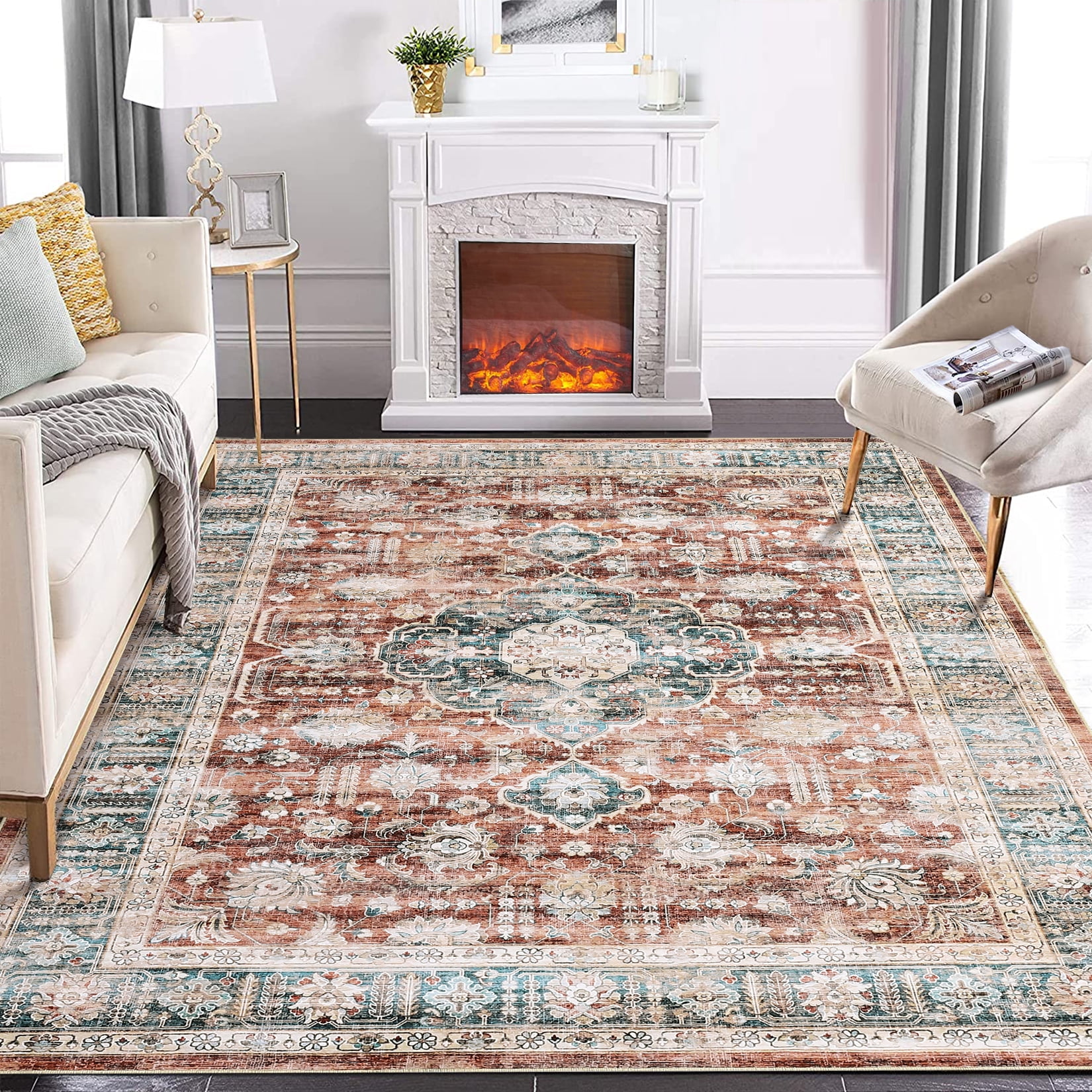 Hasoo 6' x 9' Area Rug Vintage Medallion Distressed Rug Indoor Soft Low Pile Washable Rug for Living Room Home Office Brick Red