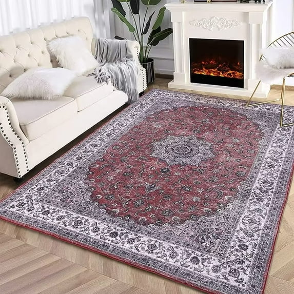 Hasoo 6' x 9' Area Rug Washable Stain Resistant Rug Persian Distressed Floor Carpet Living Room Bedroom Home Office Rug, Red