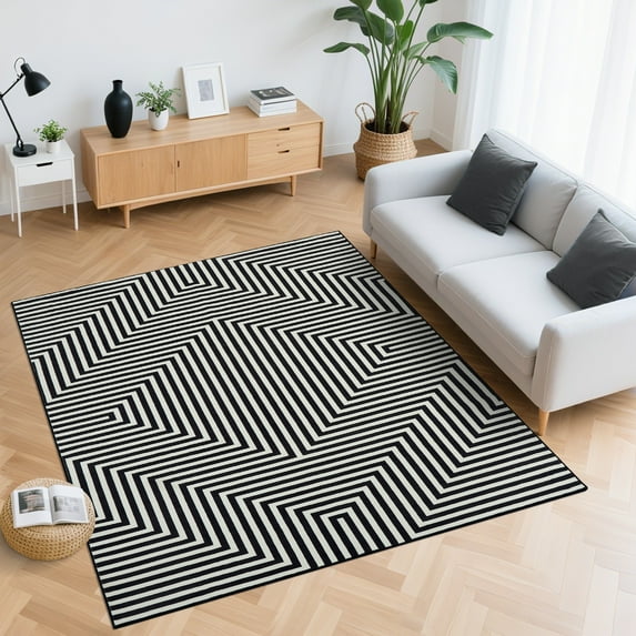 Hasoo 6' x 9' Area Rug for Living Room Washable Modern Geometric Non Shedding Neutral Indoor Decor Carpet, Black