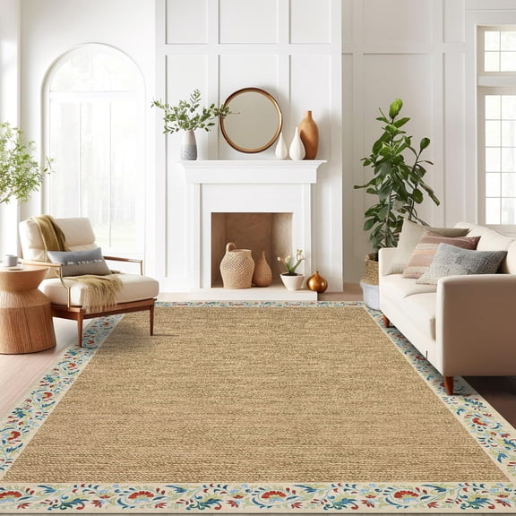 Hasoo 6' x 9' Area Rug for Living Room Washable Modern Simulated Woven Texture Floral Bordered Non Shedding Neutral Indoor Decor Carpet, Beige