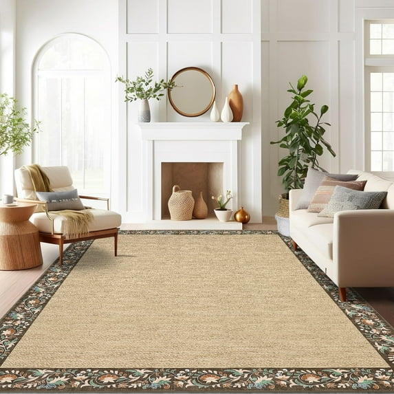 Hasoo 6' x 9' Area Rug for Living Room Washable Modern Simulated Woven Texture Floral Bordered Non Shedding Neutral Indoor Decor Carpet, Brown