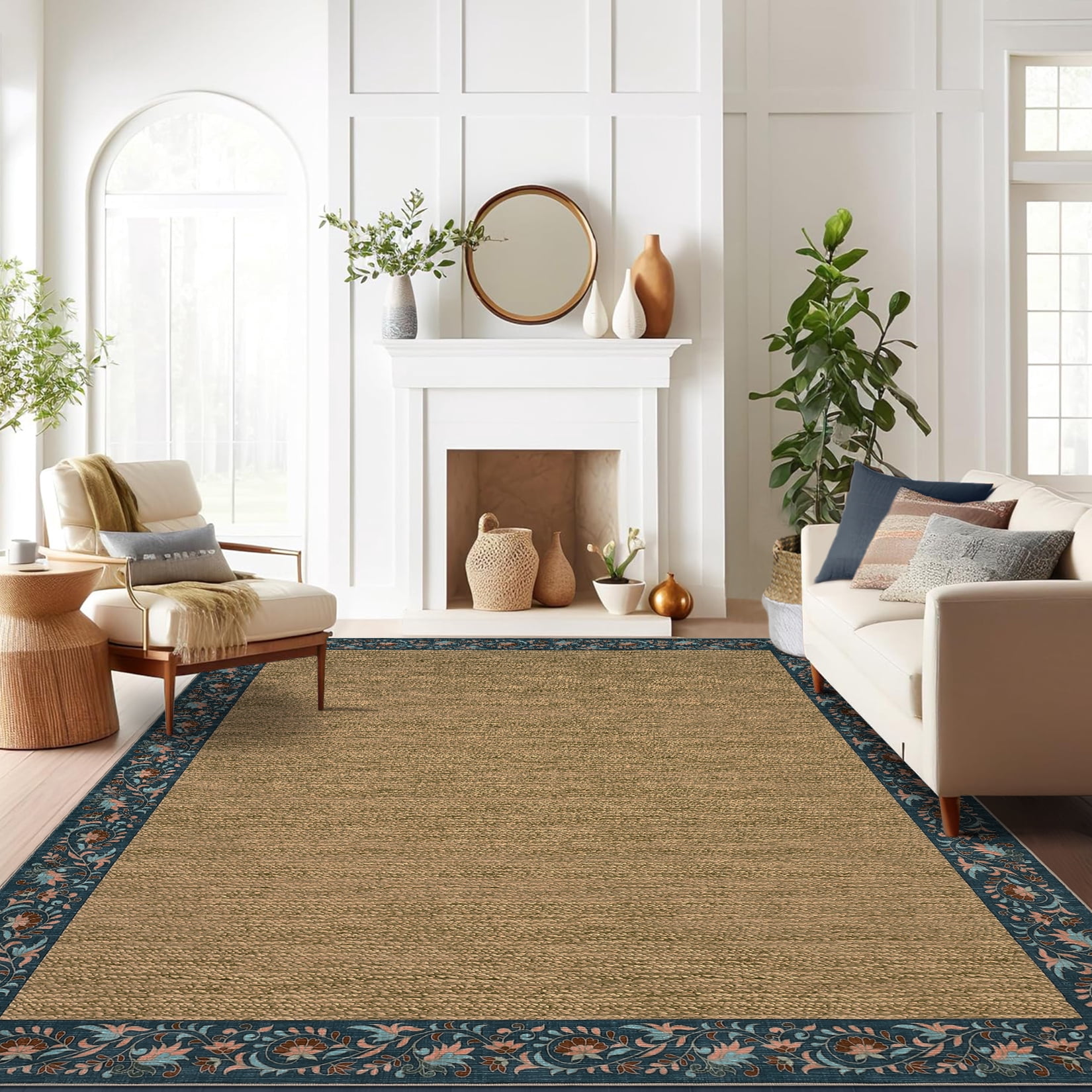 Hasoo 6' x 9' Area Rug for Living Room Washable Modern Simulated Woven Texture Floral Bordered Non Shedding Neutral Indoor Decor Carpet, Navy