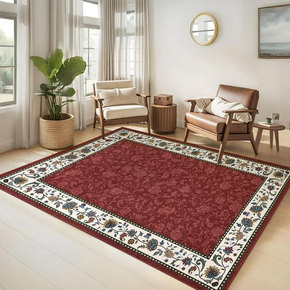 Hasoo 6' x 9' Area Rugs for Living Room Washable Vintage Floral Print Bedroom Indoor Modern Geometric Bordered Rug Soft Non Slip Carpet for Dining Room Apartment Office, Red