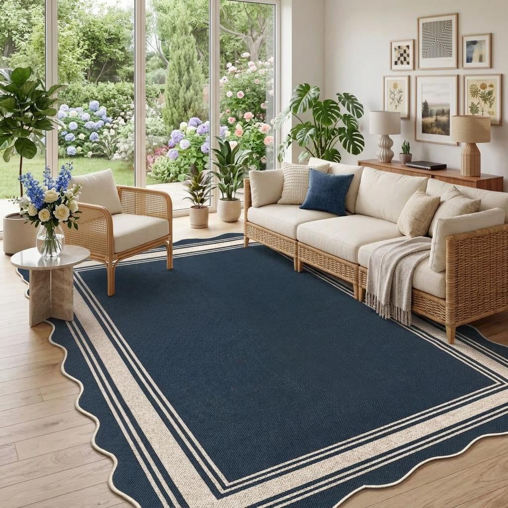 Simple Neutral Hasoo 6' x 9' Blue Modern Scalloped Bordered Neutral Area Rug for ...