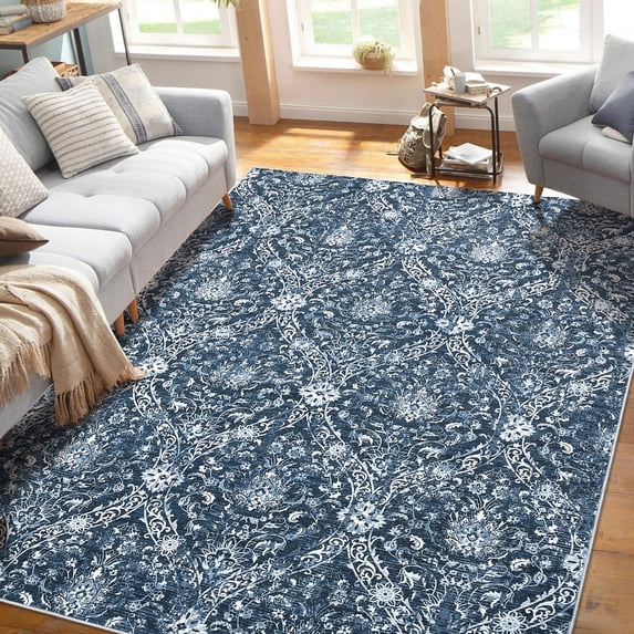 Hasoo 6' x 9' Damask Area Rug for Living Room Boho Vintage Rug Non Slip Throw Rugs Floral Bedroom Rug, Blue