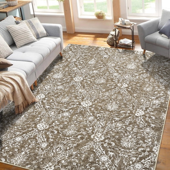 Hasoo 6' x 9' Damask Area Rug for Living Room Boho Vintage Rug Non Slip Throw Rugs Floral Bedroom Rug, Khaki