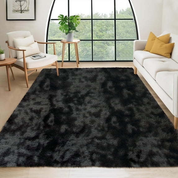 Hasoo 6' x 9' Fluffy Shaggy Soft Area Rug for Living Room Dorm Home Decor Aesthetic, Tie-dye Gray/Black