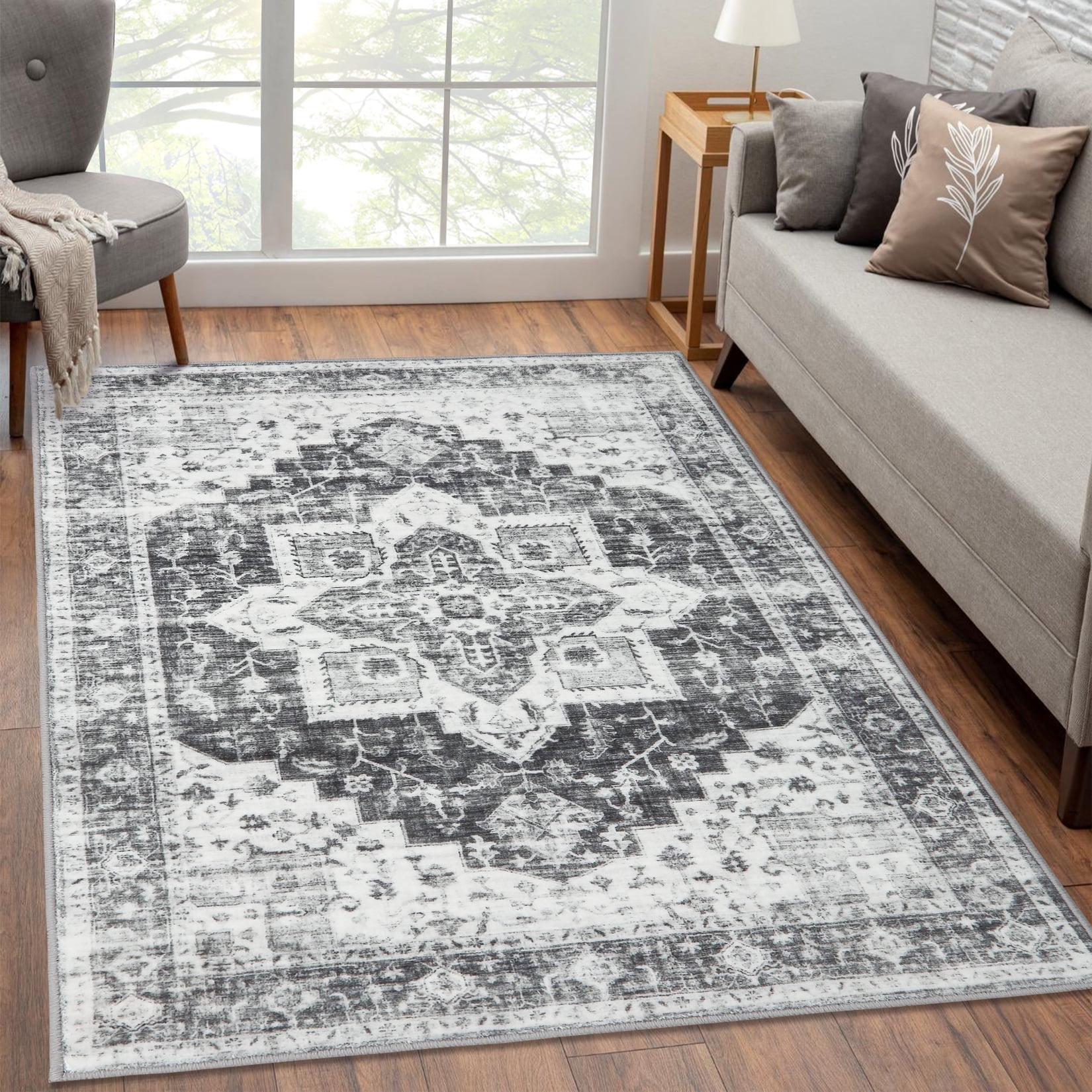 Gray and White Vintage Persian Washable 6' x 9' Area Rug