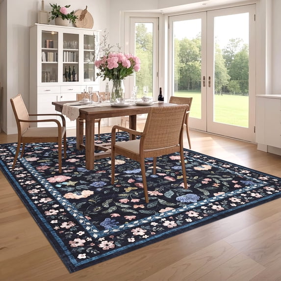 Hasoo 6' x 9' Navy Washable Living Room Area Rug Modern Floral Non-Slip Soft Low Pile Indoor Carpet