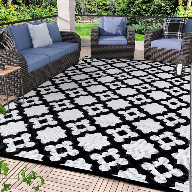 Hasoo 6' x 9' Outdoor Rug for Patio Waterproof Plastic Woven Rug Camping Rug Porch Balcony Deck