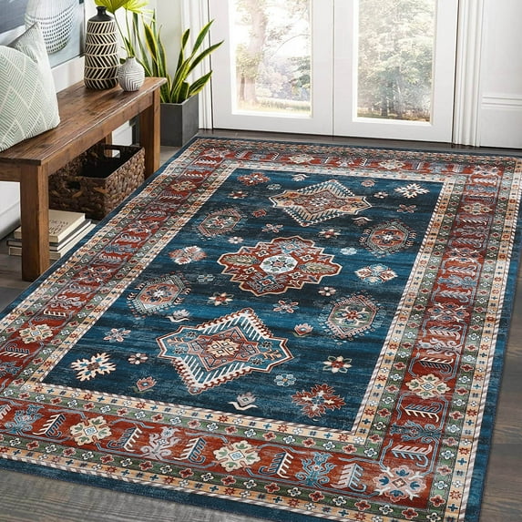 Hasoo 8' x 10' Area Rug Boho Washable Foldable Rug Vintage Persian Rug Low Pile Non-Slip Indoor Rug for Living Room Bedroom, Blue