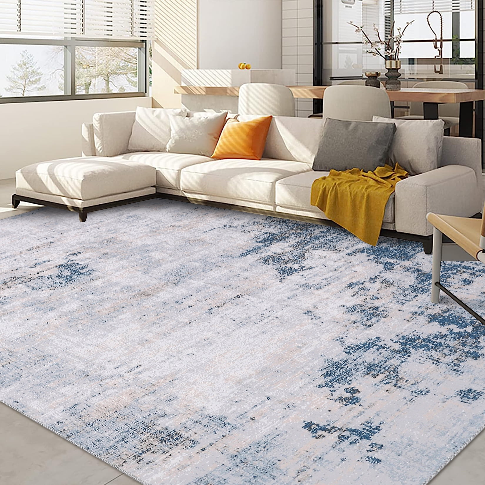 Navy and Yellow Abstract Synthetic 8' x 10' Area Rug