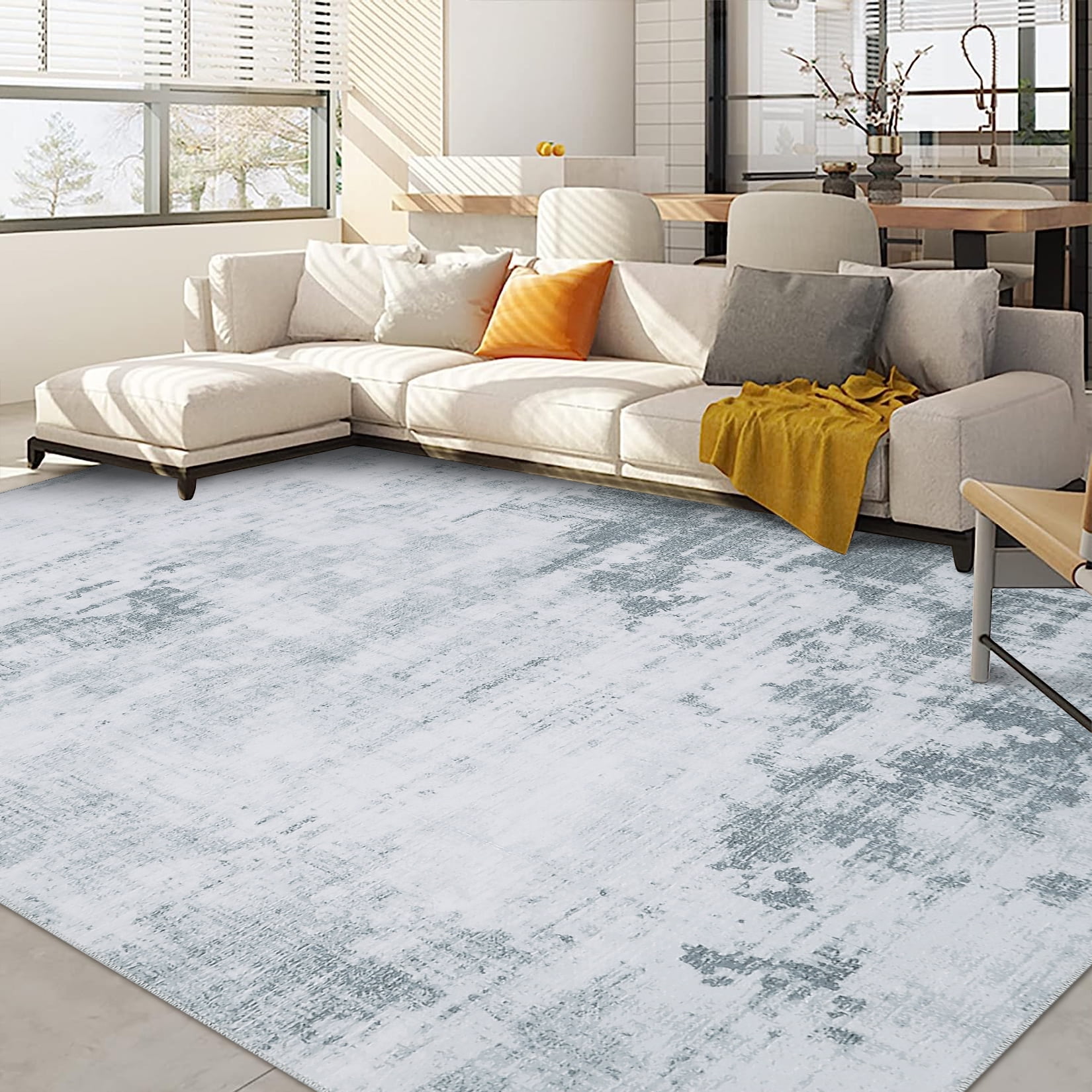 Gray 8' x 10' Abstract Washable Area Rug with Non-Slip Backing