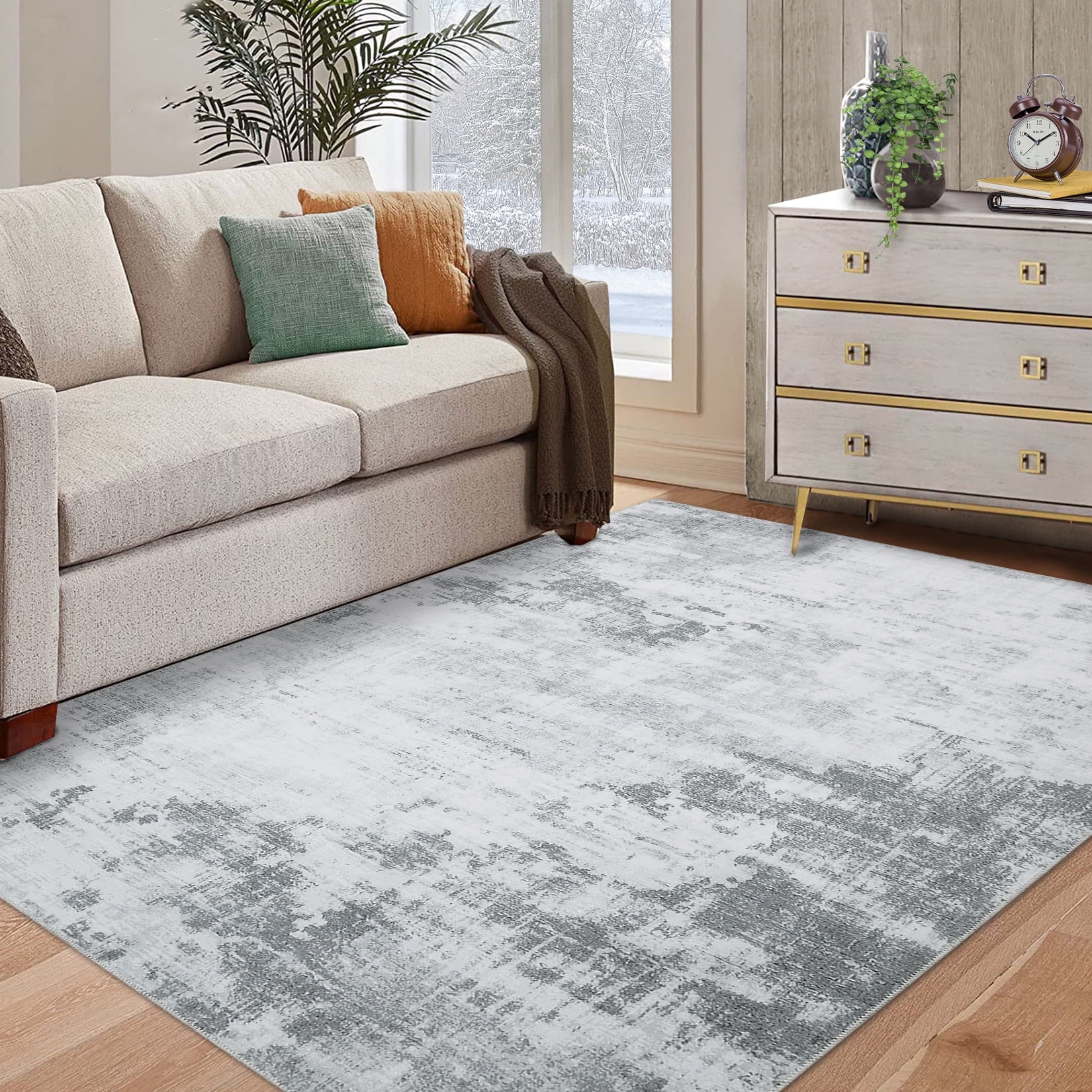 Gray 8' x 10' Abstract Washable Area Rug with Non-Slip Backing