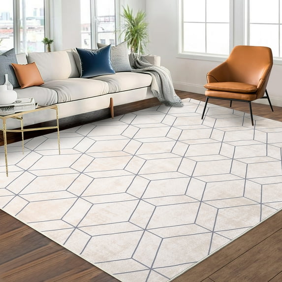 Hasoo 8' x 10' Area Rug Contemporary Geometric Washable Rug Anti-Slip Backing Carpet Accent Rug for Bedroom Living Room, Beige