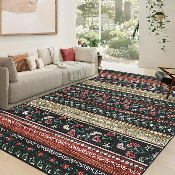 Hasoo 8' x 10' Area Rug Geometric Low Pile Carpet for Dorm Dining Room Home Decor Floral Pattern Indoor Rug, Black Red
