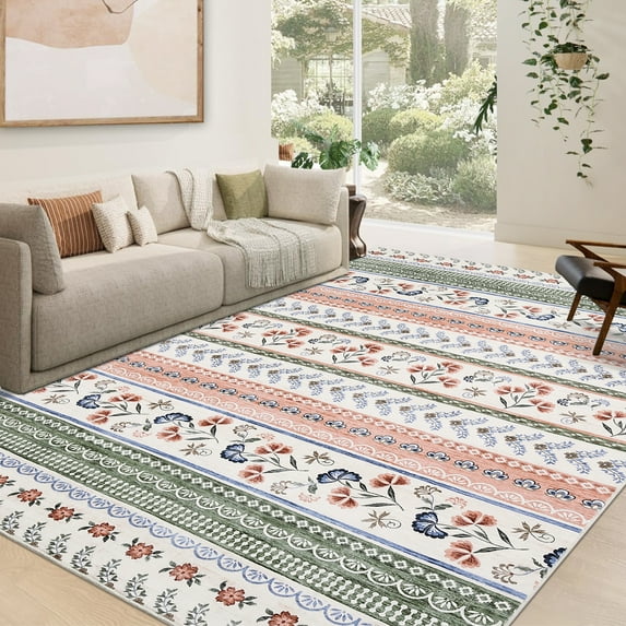 Hasoo 8' x 10' Area Rug Geometric Low Pile Carpet for Dorm Dining Room Home Decor Floral Pattern Indoor Rug, Green Pink