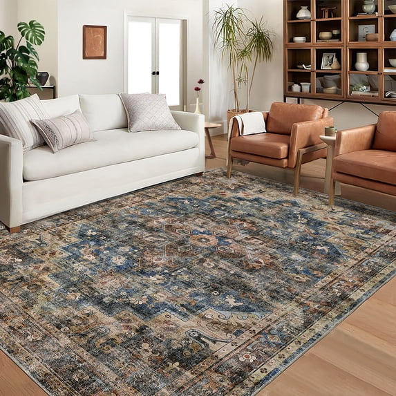 Hasoo 8' x 10' Area Rug Persian Traditional Indoor Rug Machine Washable Oriental Design Non Slip Rug for Living Room Bedroom Dining Room, Blue/Brown