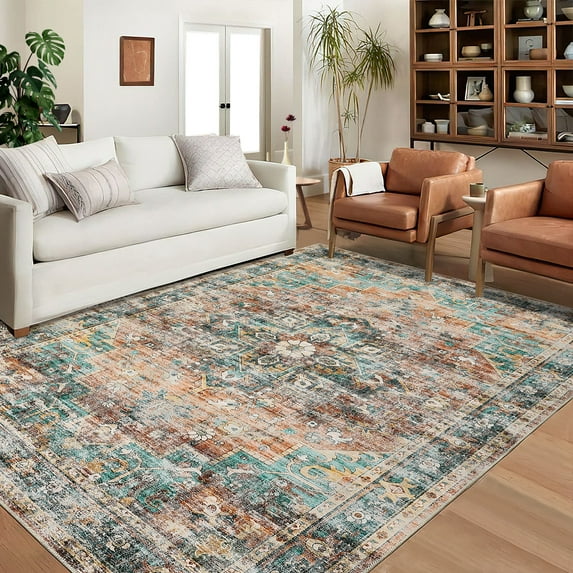 Hasoo 8' x 10' Area Rug Persian Traditional Indoor Rug Machine Washable Oriental Design Non Slip Rug for Living Room Bedroom Dining Room, Green/Brown